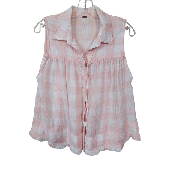 Free People Women's Hey There Button-Down Sunrise Blouse Plaid Pink Small - Picture 1 of 9